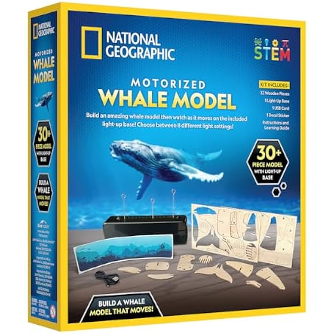 NATIONAL GEOGRAPHIC MOTORIZED WHALE 3D PUZZLE - 45-PIECE 3D WOOD MODEL KIT WITH LIGHT-UP MOTORIZED DISPLAY BASE WITH 8 LIGHT SETTINGS, 3D PUZZLES FOR KIDS, WOODEN ANIMAL PUZZLE, WHALE TOY - Image 2